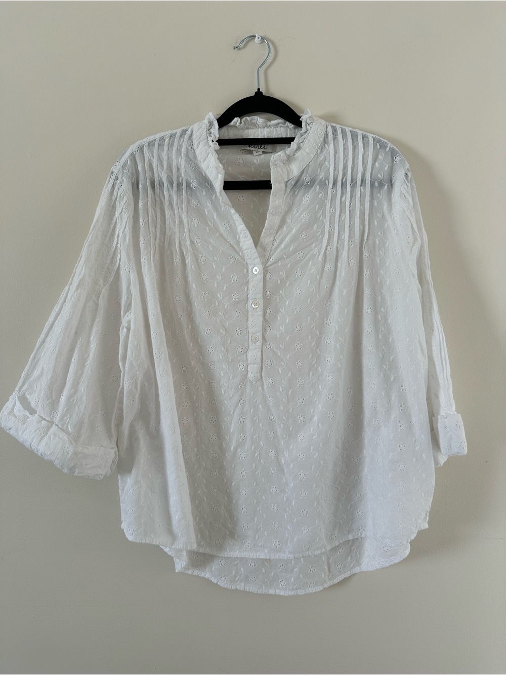 White Eyelet Pintuck Split-Neck Blouse